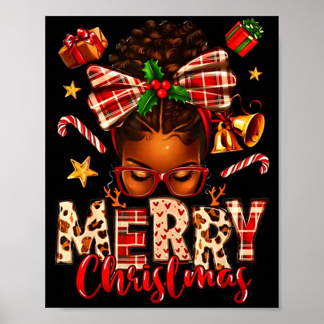 Poster Merry Christmas Afro Messy Bun Xmas 2025 Woman Gir (Frente)