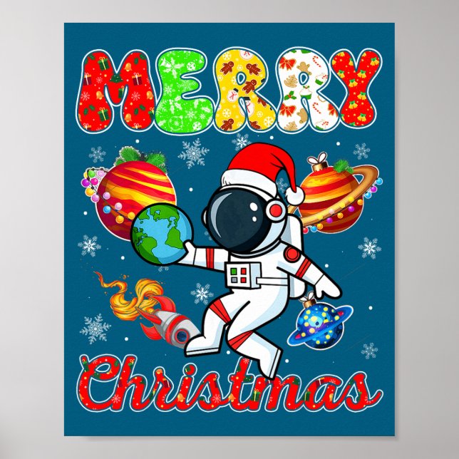 Poster Merry Christmas Astronaut Santa Hat Snowflakes Tre (Frente)