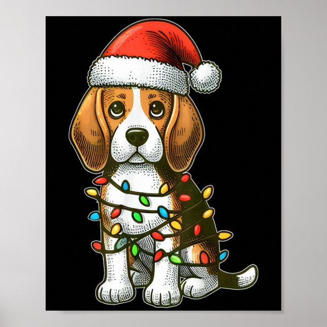 Poster Merry Christmas Beagle Santa Christmas Lights Dog  (Frente)