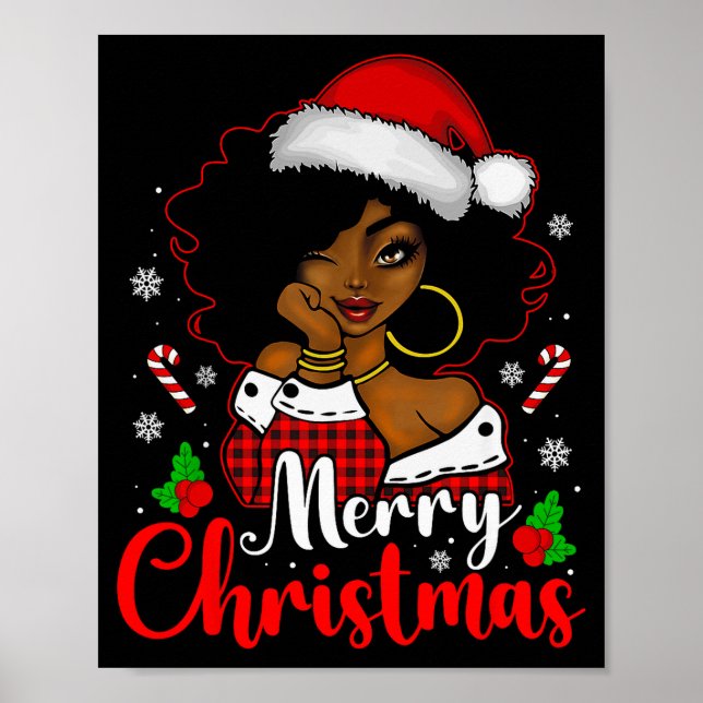 Poster Merry Christmas Black African Girl Santa Hat Xmas  (Frente)