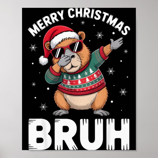 Poster Merry Christmas Bruh Capybara Dabbing Santa Hat Xm (Frente)