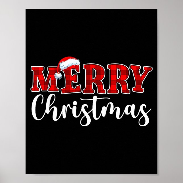 Poster Merry Christmas Buffalo Plaid Red Santa Hat Xmas P (Frente)