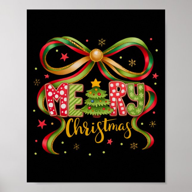 Poster Merry Christmas Coquette Bow Preppy Xmas Tree Girl (Frente)