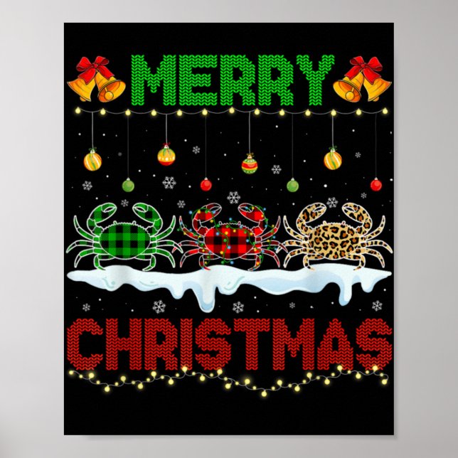 Poster Merry Christmas Cute Crab Xmas Leopard Plaid Santa (Frente)