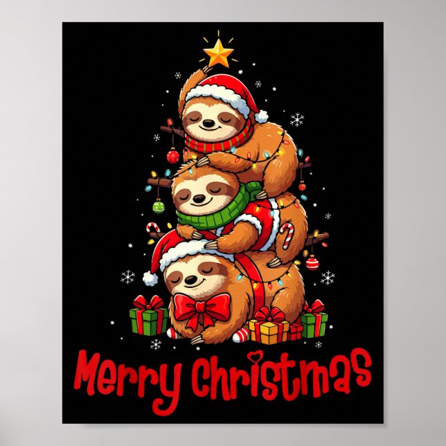 Poster Merry Christmas Cute Sloth Santa Hat Slothmas Anim (Frente)