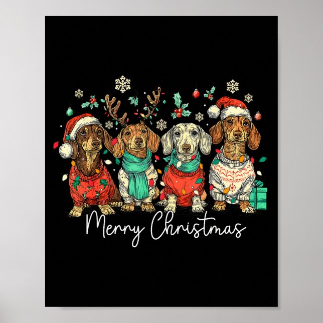 Poster Merry Christmas Dachshund Santa Dog Xmas Lights Ho (Frente)