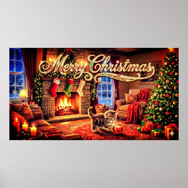 Poster Merry Christmas Decorative Artwork with Kitten (Frente)