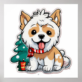 Poster Merry Christmas Dog With Coffee Cup | Cute Holiday