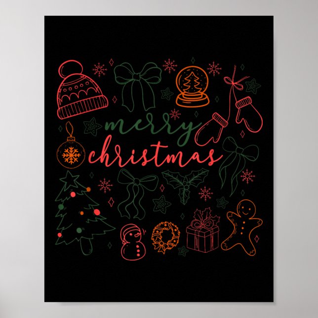 Poster Merry Christmas Doodle Xmas Tree Gingerbread Men W (Frente)
