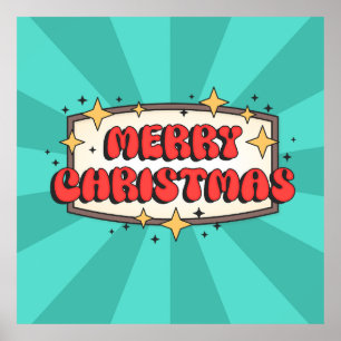 Poster Merry christmas funky text, groovy retro cartoon