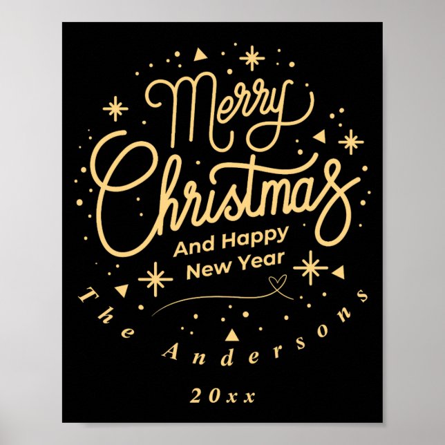 Poster Merry Christmas Happy New Year Modern Green Gold  (Frente)