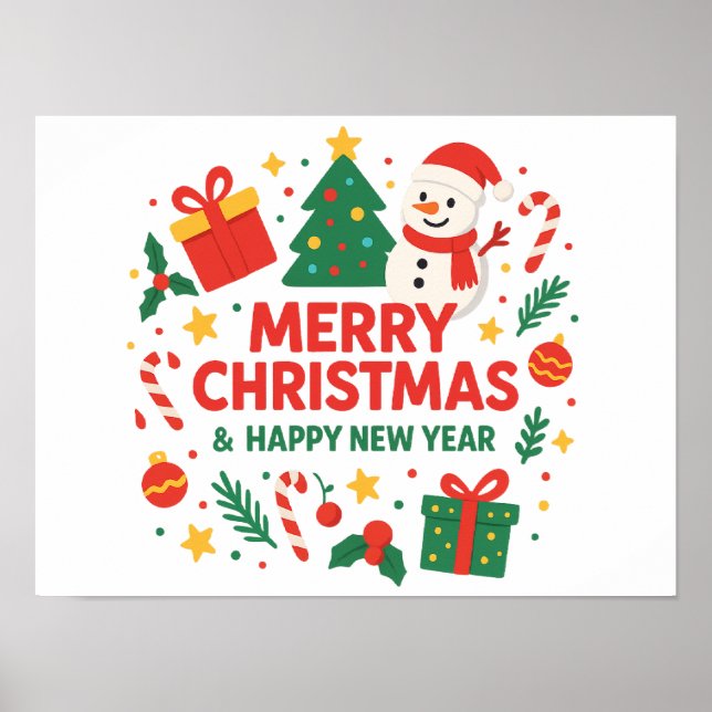 Poster Merry Christmas & Happy New Year Snowman & tree (Frente)