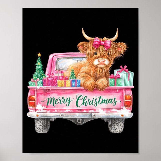 Poster Merry Christmas Highland Cow Nk Truck Xmas Tree Wo (Frente)