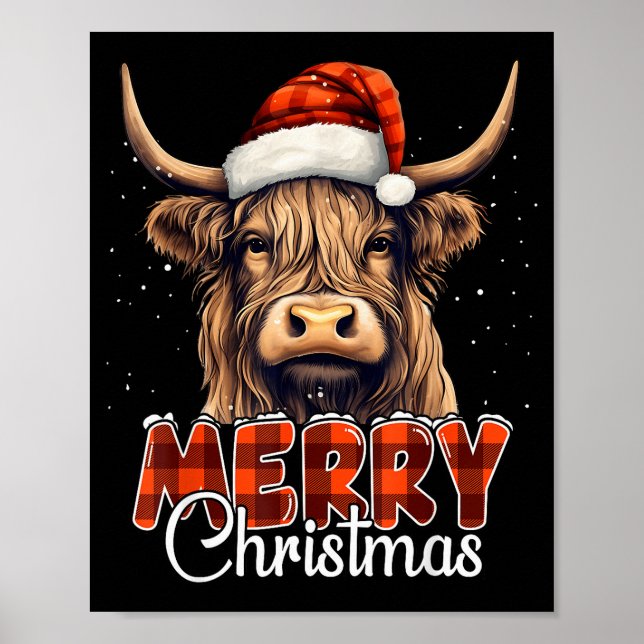 Poster Merry Christmas Highland Cow Western Santa Hat Xma (Frente)
