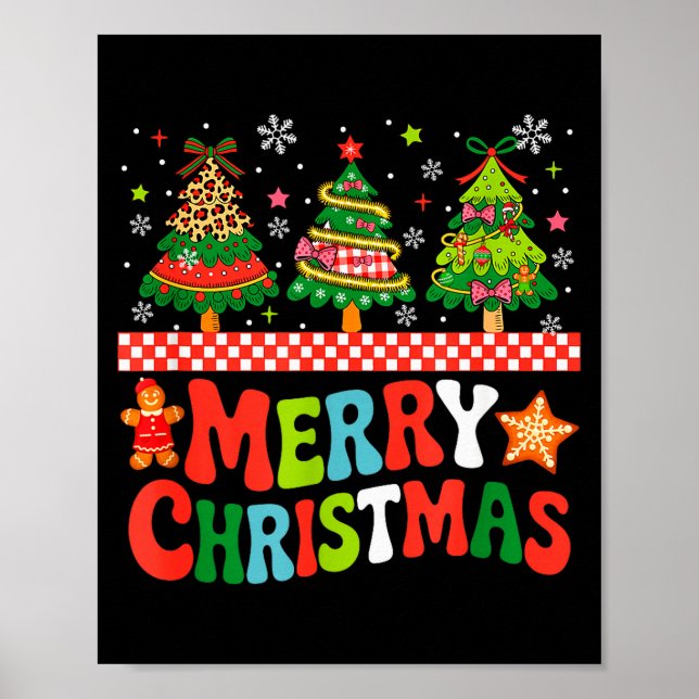 Poster Merry Christmas Leopard Colorful Xmas Trees Bow Ti (Frente)