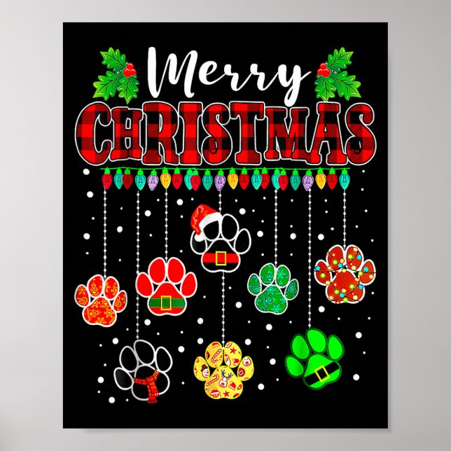 Poster Merry Christmas Lights Dog Paw Xmas  (Frente)