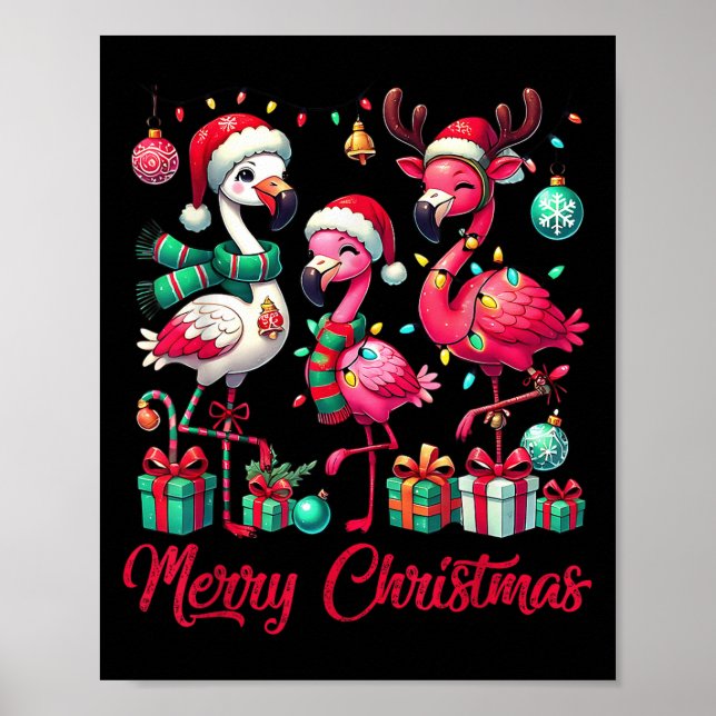 Poster Merry Christmas Lights Flamingo Santa Hat Snow Xma (Frente)
