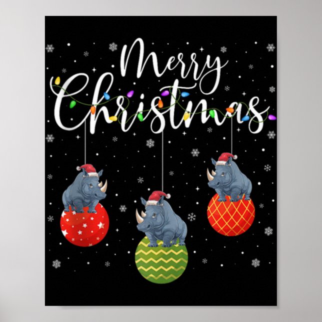 Poster Merry Christmas Lights Santa Hat Rhino Ugly Xmas T (Frente)