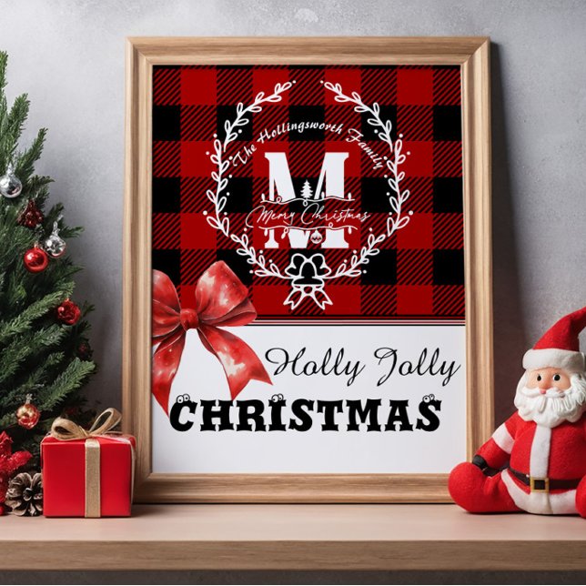 Poster Merry Christmas Monogram Wreath Buffalo Plaid (Criador carregado)
