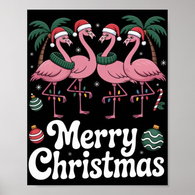 Poster Merry Christmas Nk Flamingo Santa Hat Xmas Light T (Frente)