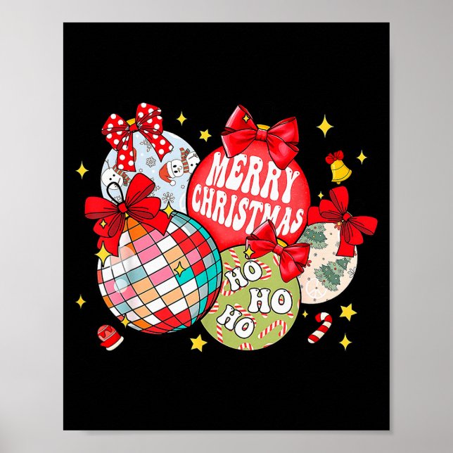 Poster Merry Christmas Ornaments Disco Ball Coquette Bow  (Frente)