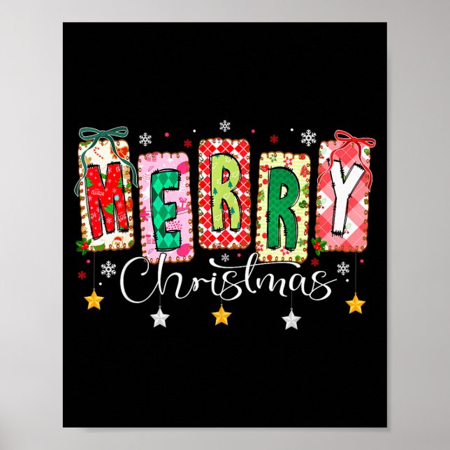 Poster Merry Christmas Patchwork Coquette Bow Xmas Girl W (Frente)