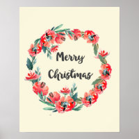Merry Christmas Red Floral Watercolor Wreath