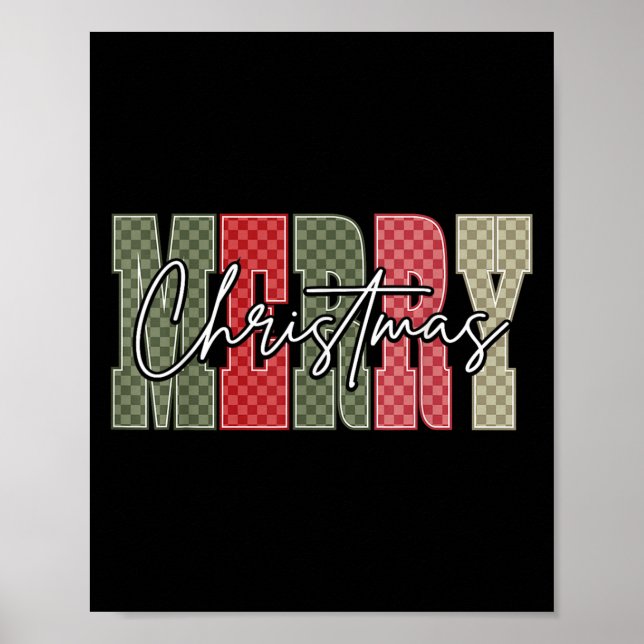 Poster Merry Christmas Red Green Plaid Checkered Xmas Gir (Frente)