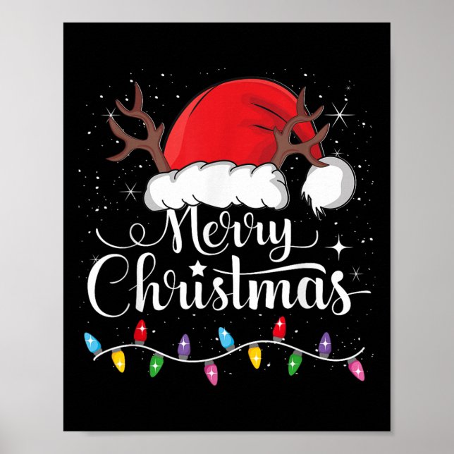 Poster Merry Christmas Red Santa Hat Reindeer Xmas Family (Frente)