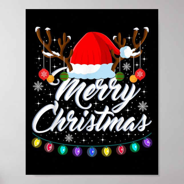 Poster Merry Christmas Red Santa Hat Reindeer Xmas Matchi (Frente)