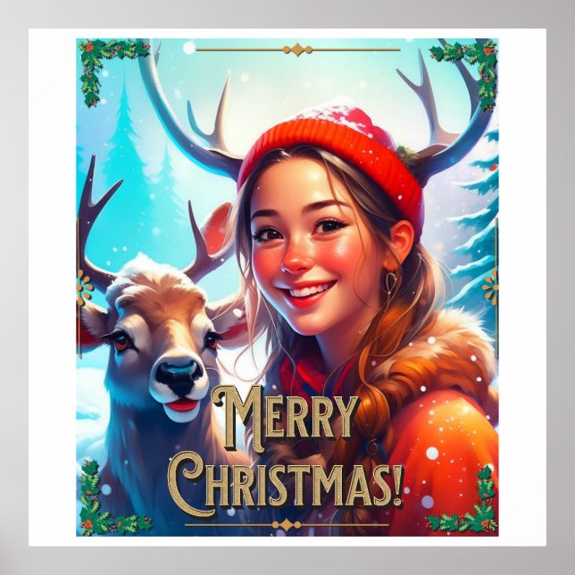 POSTER MERRY CHRISTMAS REINDEER COM GAROTA FELIZ (Frente)