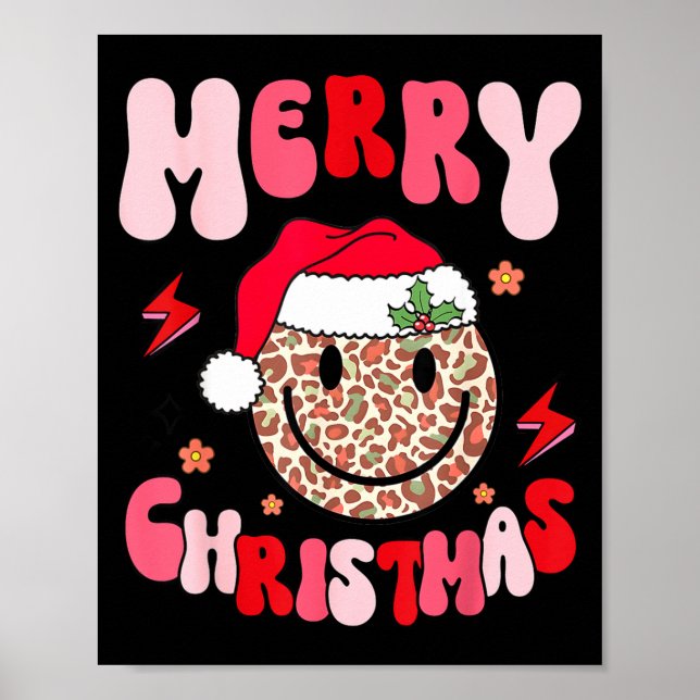 Poster Merry Christmas Smile Face Santa Claus Hat Groovy  (Frente)