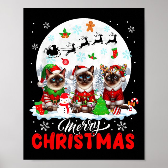 Poster Merry Christmas Three Santa Elf Reindeer Siamese C (Frente)