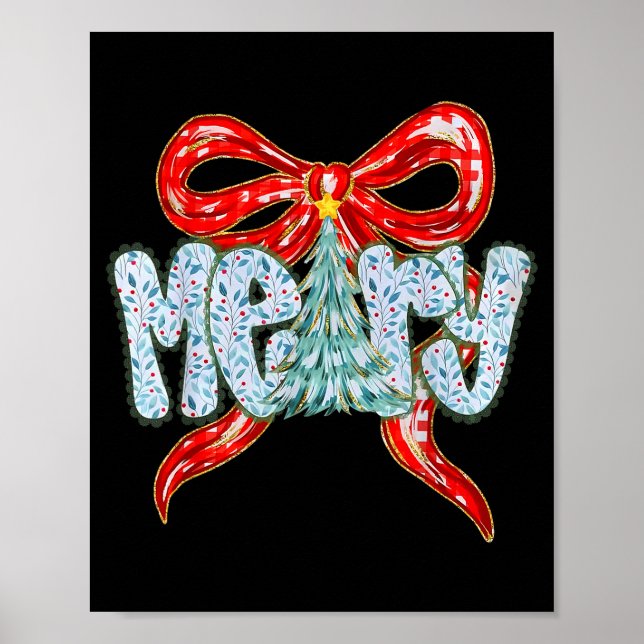 Poster Merry Christmas Tree Coquette Bow Xmas Holiday Wom (Frente)