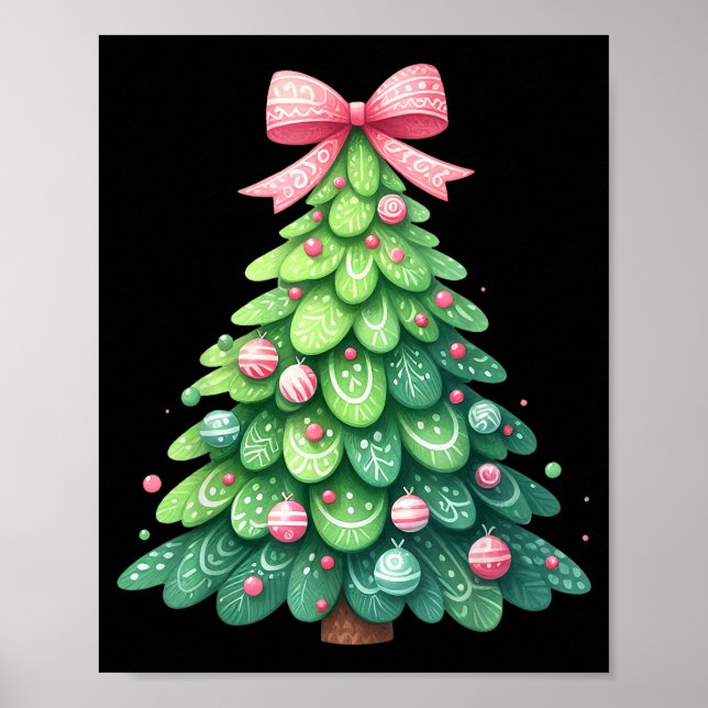 Poster Merry Christmas Tree With Coquette Bow Xmas Holida (Frente)
