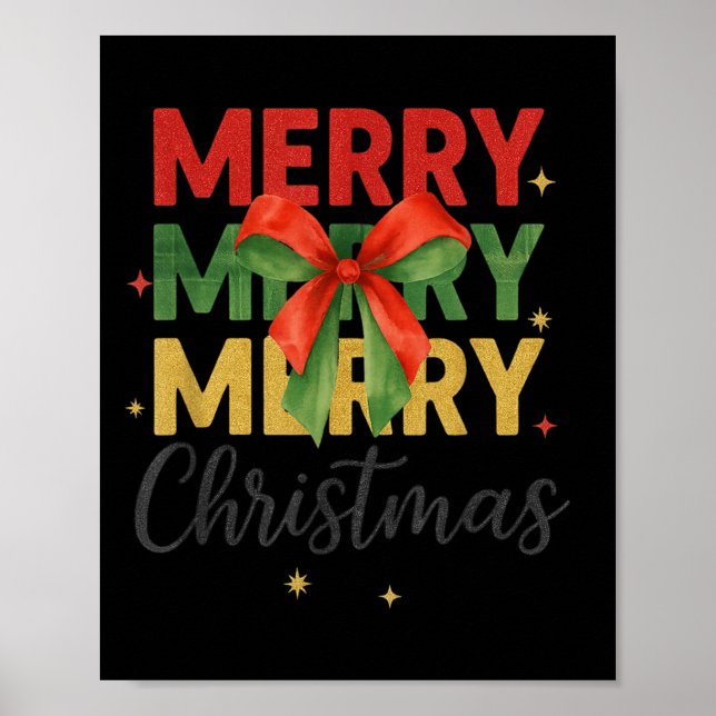 Poster Merry Christmas Triple Merry Bow Tygraphy Red Gree (Frente)