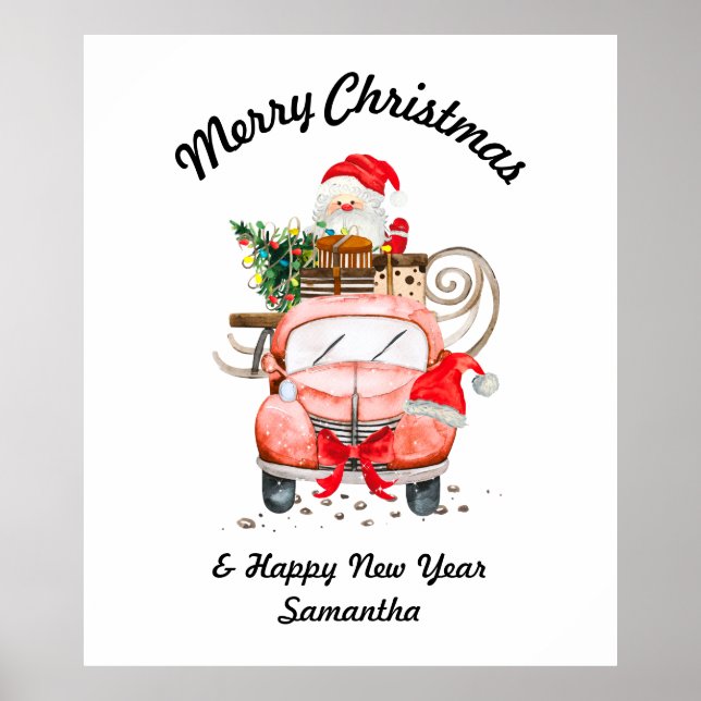 Poster Merry Christmas Watercolor Santa car gift (Frente)