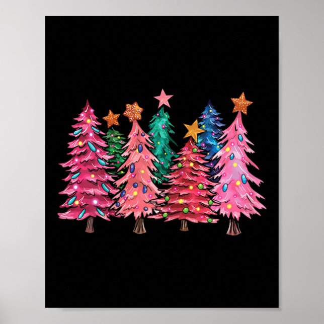 Poster Merry Christmas With Pink Trees Xmas Costume Girls (Frente)