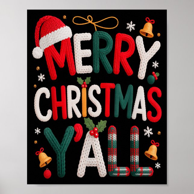 Poster Merry Christmas Y'all Santa Hat Crochet Knitting Q (Frente)
