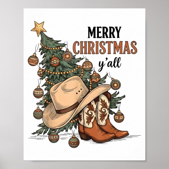 Poster Merry Christmas Y'all Western Cowboy Boots Hat Xma (Frente)
