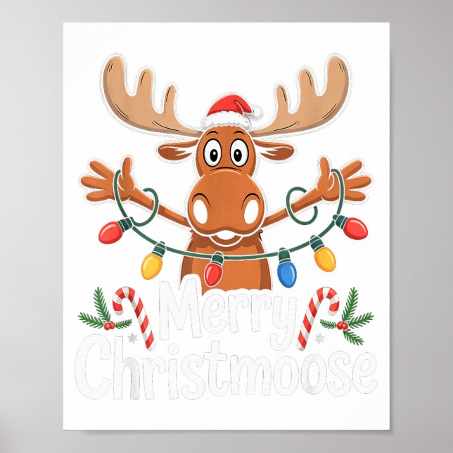 Poster Merry Christmoose Christmas Tree Lights Santa Hat  (Frente)