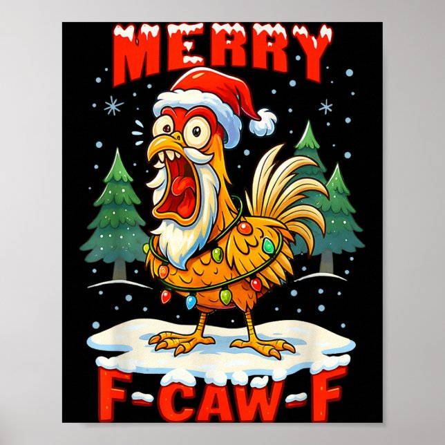 Poster Merry F-caw-f Chicken Christmas Funny Rooster Men  (Frente)