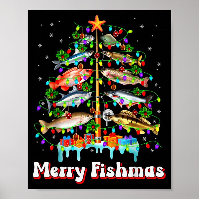 Poster Merry Fishmas Christmas Tree Funny Fish Fishing Fi (Frente)