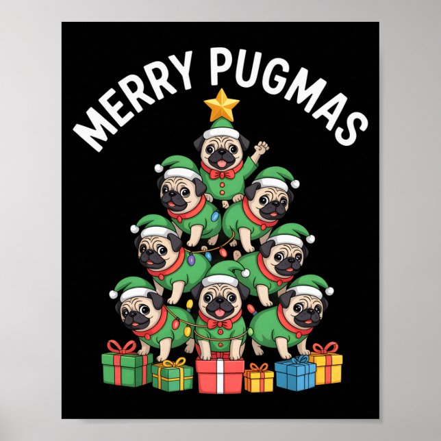 Poster Merry Pugmas Funny Pug Christmas Tree Holiday Long (Frente)