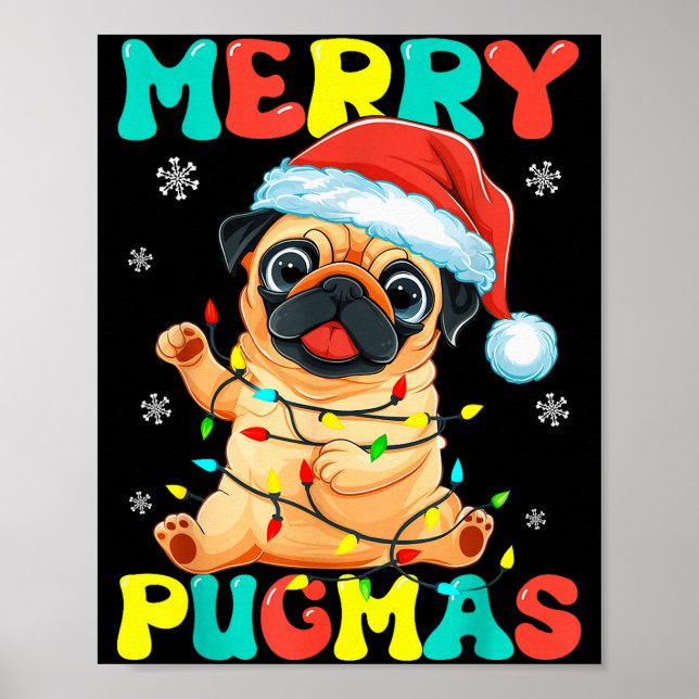 Poster Merry Pugmas Pug Christmas Santa Pug Xmas Lights D (Frente)
