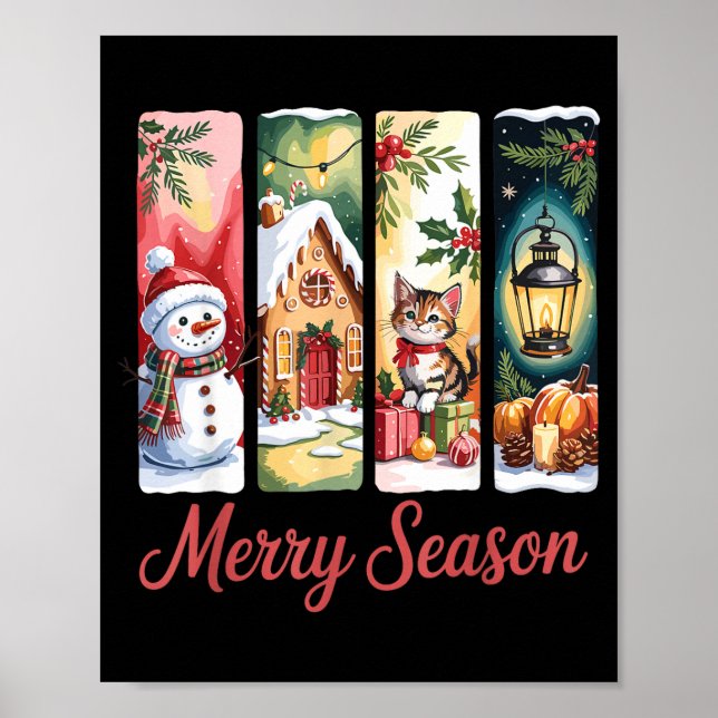 Poster Merry Season Festive Snowman Cat Gingerbread House (Frente)