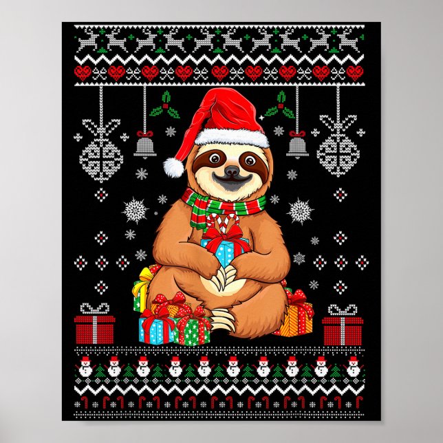 Poster Merry Slothmas Cute Christmas Sloth Santa Hat Xmas (Frente)
