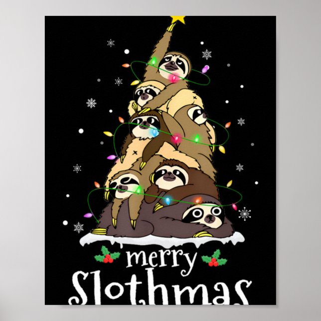 Poster Merry Slothmas Cute Xmas Sloth Santa Hat Christmas (Frente)