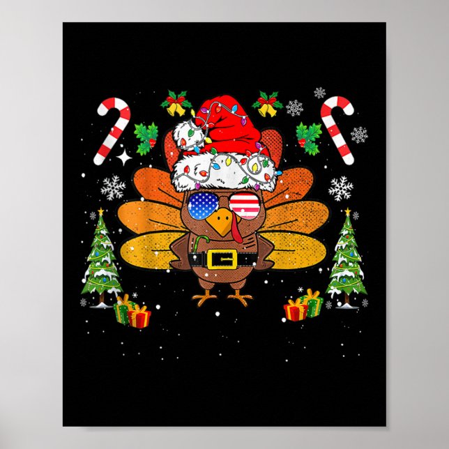 Poster Merry Thanksmas Happy Thanksgiving Santa Turkey Xm (Frente)