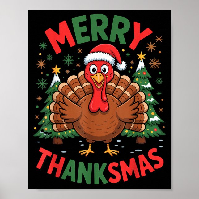 Poster Merry Thanksmas Turkey Santa Hat Christmas Tree Fa (Frente)